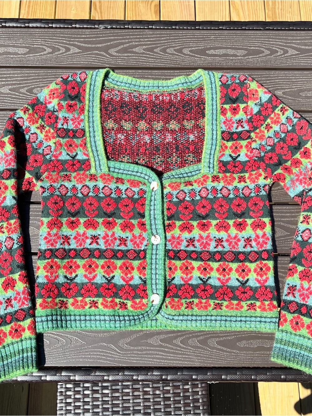 Floral Fair Isle Square-Neck Cardigan Sweater - Red & Green